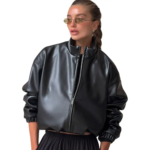 Arssm Women Oversized Cropped Faux Leather Bomber Jacket, Stand Collar Zip Up Short Vegan Leather Jacket, Loose Drop Shoulder Ruched Cuffs Moto Jacket Casual Streetwear Outerwear