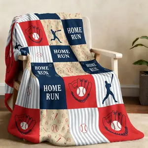 1 piece baseball themed HOME RUN lettered baseball gloves printed flannel blanket is skin-friendly, soft, machine washable, suitable for office and home, suitable for all seasons, sofa blanket, bed blanket