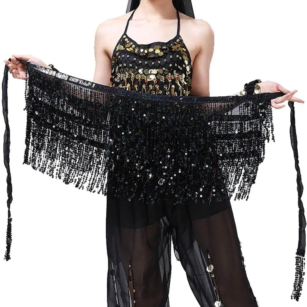 Sequin Tassel Hip Scarf Sequin Tassel Skirts Rave Fringe Hip Scarf Festival Belly Dance Skirt