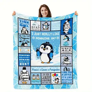1pc penguin gifts, penguin blanket, penguin gifts for penguin lovers, cute penguin gifts, gifts for penguin lovers, sofa blanket, throw blanket, Slogan Print Blanket