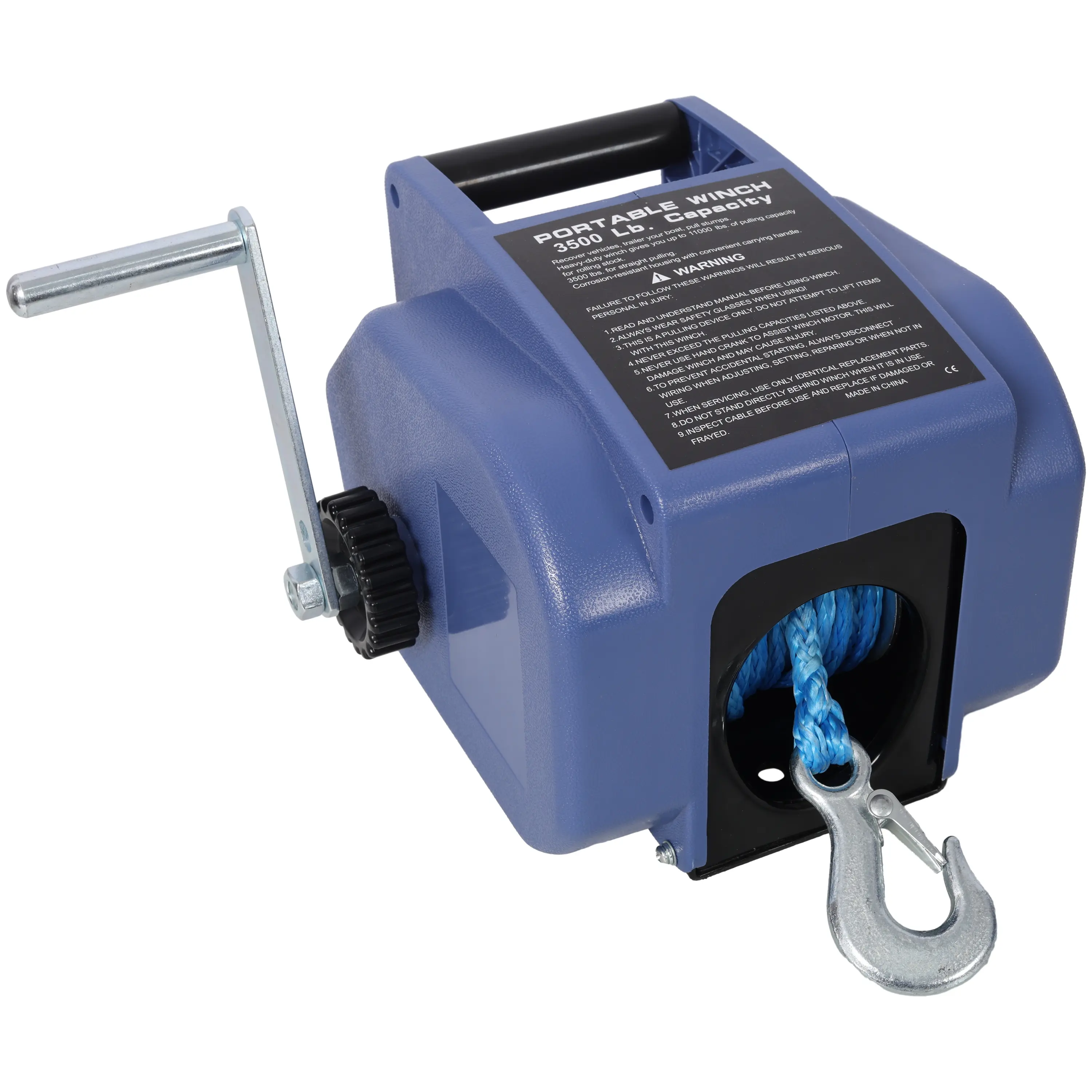 12V Reversible Electric Trailer Winch (Hdmw) - 350W Motor, 3500lb Capacity, 10.5m Synthetic Rope, Extra Pulley Hook, Rocker Switch, Power In/Out, Manual Dual Mode Ops, Blue Plastic Casing, 16ft Power Cord, Marine Safe for Trailers & Boats