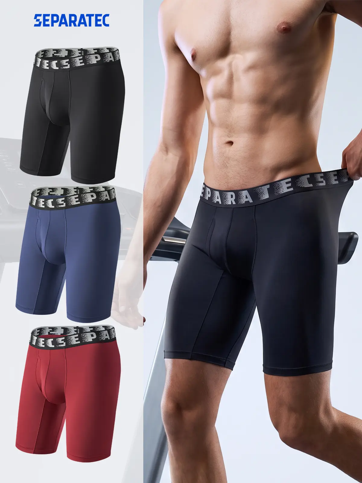 Separatec Men's 9in Long Leg Boxer Briefs - 3 Pack, Nylon Lightweight Sports Underwear with Supportive CradleFit Pouch, Stretchy, Breathable, Anti-Chafing, Moisture-Wicking, Athletic Fit, Underoos Boxers for Mensfashion Gym/Sports