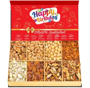 Happy Birthday Luxurious Treats Nuts Gift Basket Gourmet Collection Healthy Food Box Mixed Cravings Platter Tray Sampler Assortment Mix for Men Women with Honey Glazed Almonds Cashews Walnuts Pistachios Snack Dried ; 13.07 x 8.5 x 1.46 inches; 1.9 Pounds