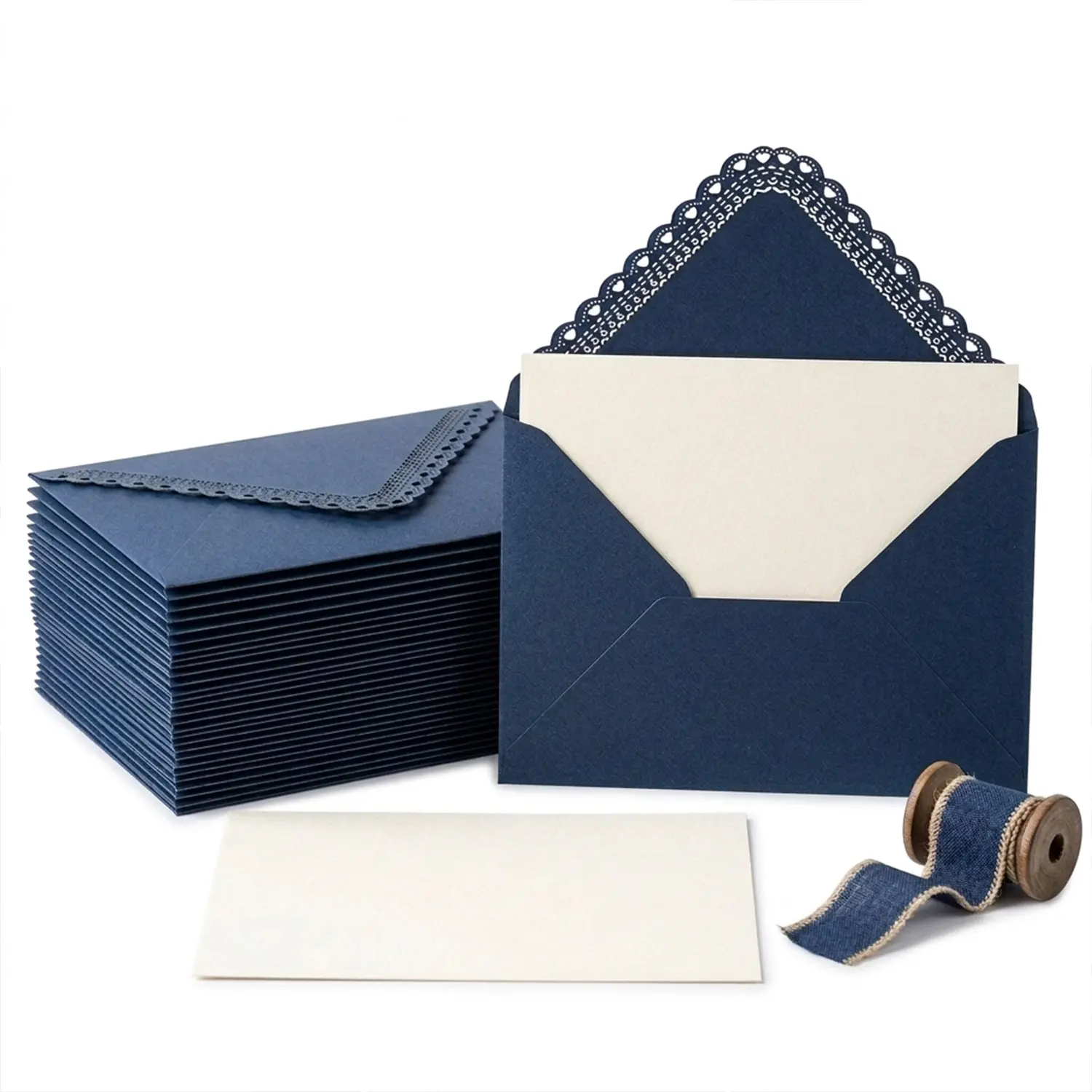 Spiritlink 20-Piece Classic Dark Blue Lace Trim Envelopes, 17x11.5cm/6.69x4.49in Vintage V-Flap 250gsm Cardstock, Stiff Durable Office Stationery for Wedding Invitations, Formal Events, Prevents Bending or Damage