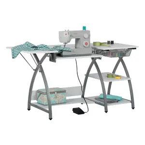 Comet Plus Hobby/Office/Sewing Desk with Fold-Down Top, Height Adjustable Platform, Bottom Shelf and Metal Drawer Silver/White 13389