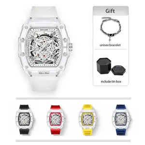 Men's Luxury Transparent Waterproof Barrel-Shaped Tonneau Skeleton Quartz Watch with Calendar Display Luminous Markers Water Resistant Wristwatch for Daily Party Outdoor Use Great Birthday Gift Idea with Tin Box Included & Bracelet