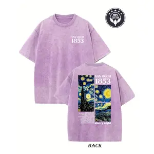 Art History "Starry Night" Van Gogh Double Sided Graphic Oversized T-Shirt, 100% Cotton Vintage Washed Black Casual Streetwear Art Aesthetic Tee