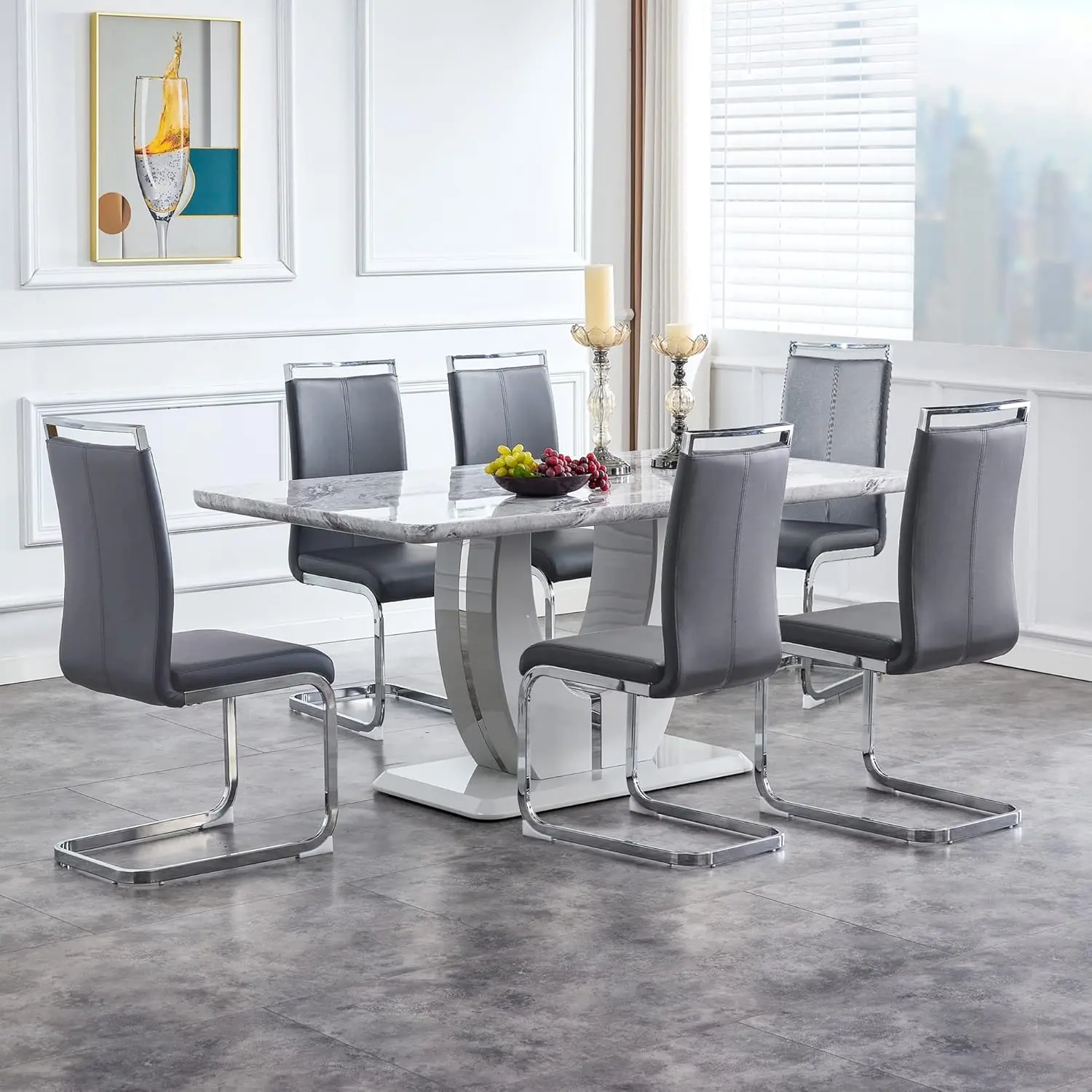 MUUOKY Modern 7-Piece Glass Dining Table Set of 4/6 with Faux Marble Top & Dark Gray PU Leather Chairs Rectangle Table for Dining Room Classic & Elegant Design black glass coffee table