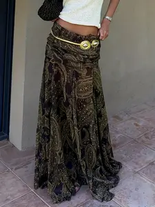 Vintage Floral Print Pleated Flowy Skirt, Elegant Women's A-Line Midi Dress, Casual Summer Fashion, Comfortable and Stylish