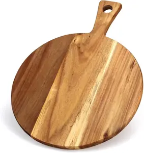 Acacia Wood Cutting Board with Handle Wooden Chopping Board Round Cutting Boards for Kitchen Decor Large Charcuterie Board Tray Teak Meat Cheese Board Bread Serving Platter Butcher Block Pizza Board