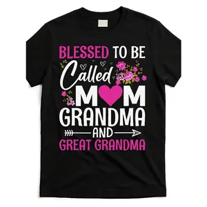 "Blessed To Be Called Mom Grandma And Great Grandma" Floral Great Grandma T-Shirt 100% Cotton Soft Casual Women's Plus Size Short Sleeve Graphic Tee