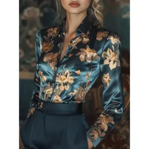 Printed satin shirt, fashionable long-sleeved lapel retro shirt, women’s single-breasted top for spring and autumn