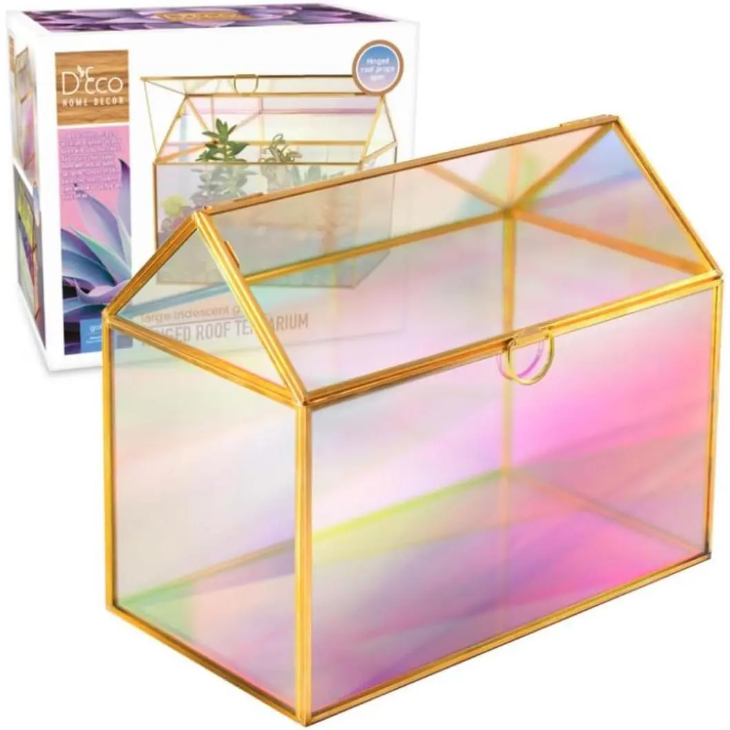 D'Eco Iridescent Glass House Plant Terrarium (10x6x8) Tabletop Gold Geometric Planter Terrarium- Home, Office Decor- For Plant Lovers & Mother's Day