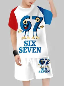 Kids Blue Colorblock 'six Seven' Letter Number Print Short Sleeve T-Shirt + Shorts Set, Casual Sportswear for Spring & Fall, Tee Shorts Set