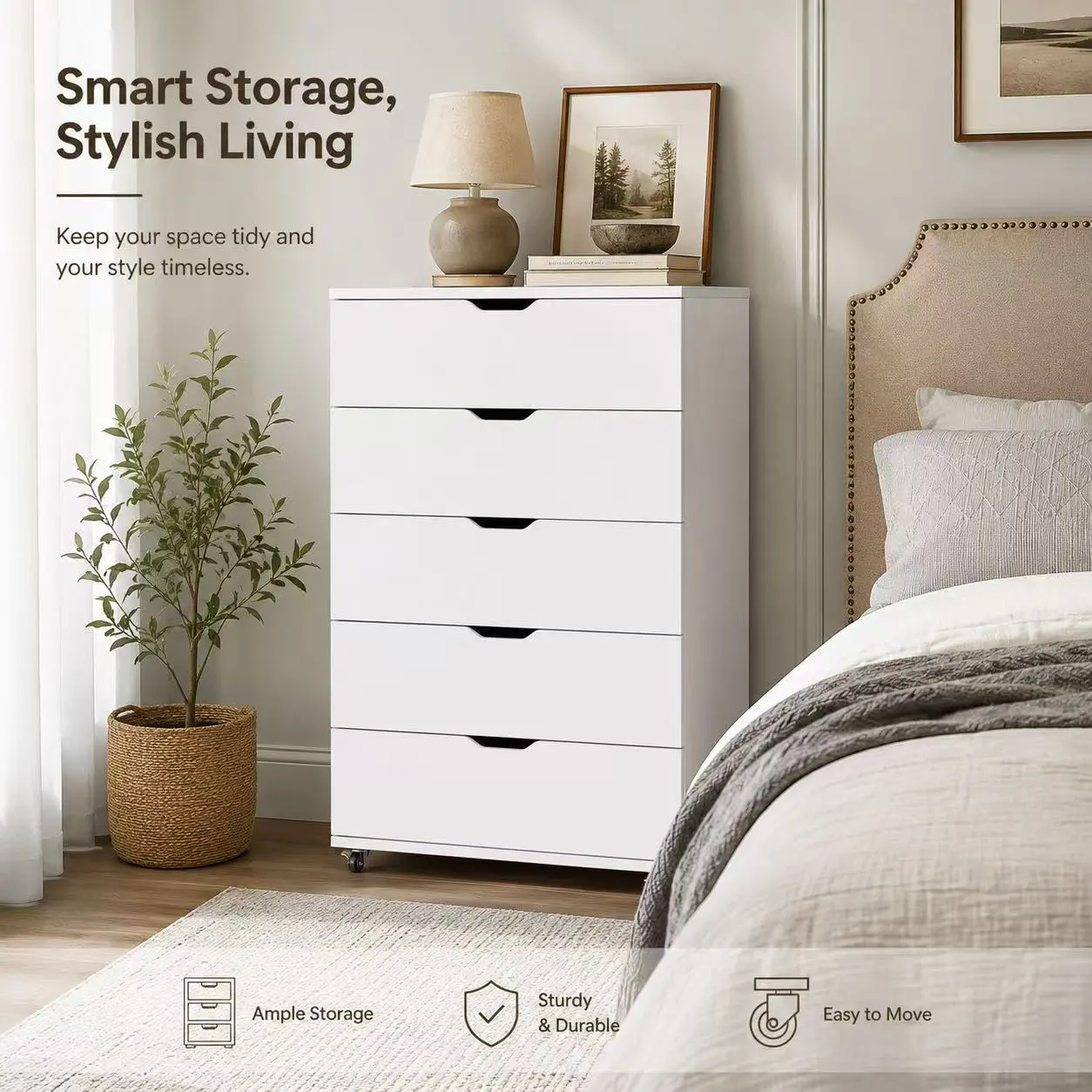 Mobile 5 Drawer Dresser on Wheels, Rustic Brown Rolling Storage Chest with Wide Deep Drawers, Space-Saving Organizer Unit for Bedroom Closet Living Room Dorm, 30.71"W x 15.75"D x 44.49"H