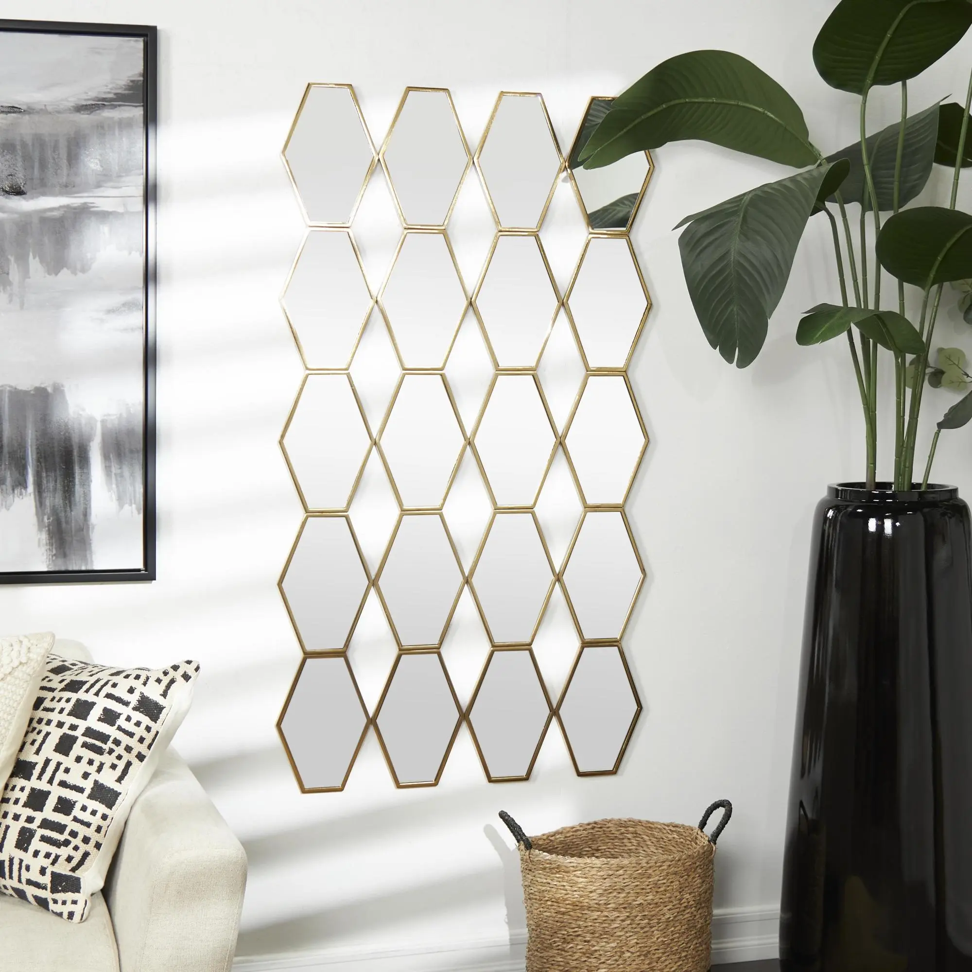 Geometric Gold Metal Hexagon Panel Wall Mirror - Light MDF Hanging Decor for Entryway