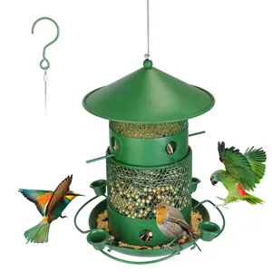 Wild Bird Feeder Squirrel-Proof Chew-Proof Metal Bird Seed Feeder Outdoor Hanging Bird Feeder With 360° Circular Perches Water Cups For Yard Garden Patio