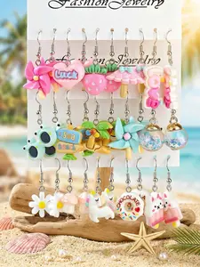 30pcs Fresh Beach Style Earrings Set, Cute Animal Fruit Design, Girl Heart Vacation Style, Iron Material, All Seasons