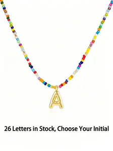 Women's Colorful Letter Necklace, Bubble Letter Pendant, Handmade Beaded Chain, Cute Boho Beach Style, Mother's Day Gift, Modern Fashion Accessory
