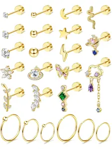 24PCS 20G Cartilage Earring Stainless Steel Stud Earrings For Women Gold Silve CZ Stud Earrings Flower Leaf Screw Flat Back Earrings Tragus Helix Couch Piercing Jewelry High Quality Earrings