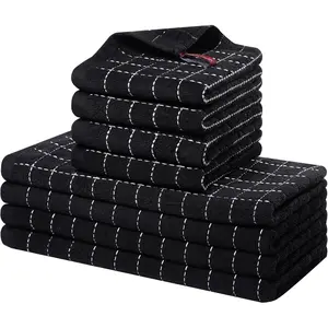 Kitchen Towels and Dishcloths Set, 12 x 12 and 13 x 28 Inches, Set of 8 Bulk Cotton Terry Kitchen Towels Set, Checkered Designed, Soft and Super Absorbent Dish Towels, Black