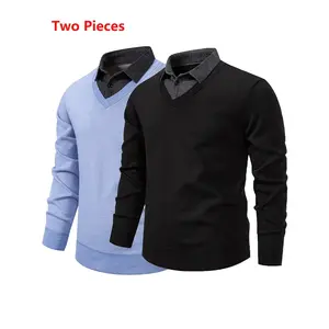 Men's 2-Piece Faux Two-Piece Knit Sweater Set, Elastic Fabric, Winter New Thickened Casual Comfy Pullover, Soft Warm, Simple Elegant Style