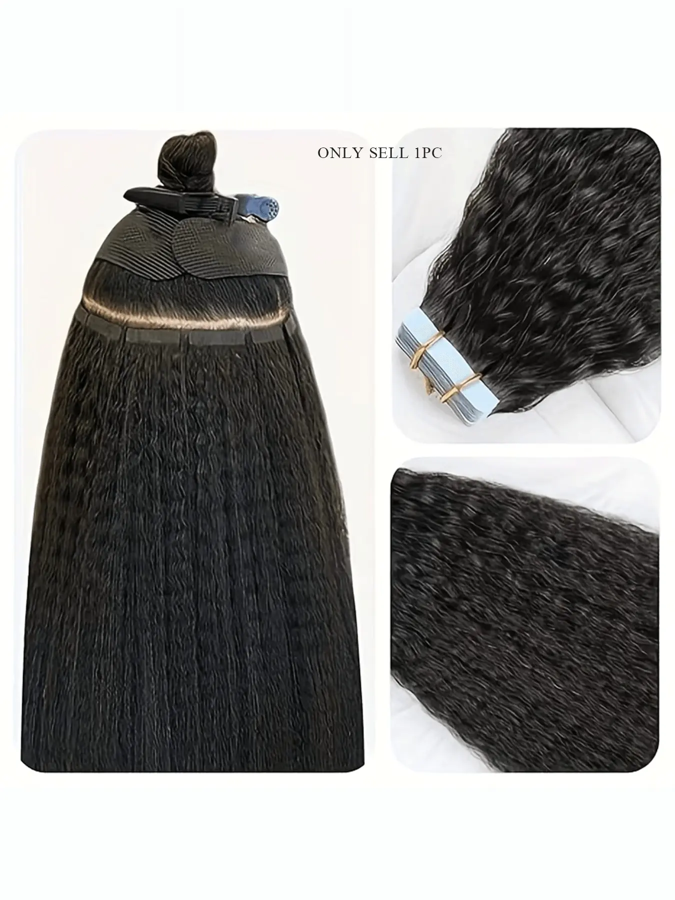 Kinky Straight Remy Hair Kinky Straight Tape in Hair Extensions Natural Straight Remy Human Hair 20pcs/Piece #1B Yiki Straight Real Hair for Pretty Lady.