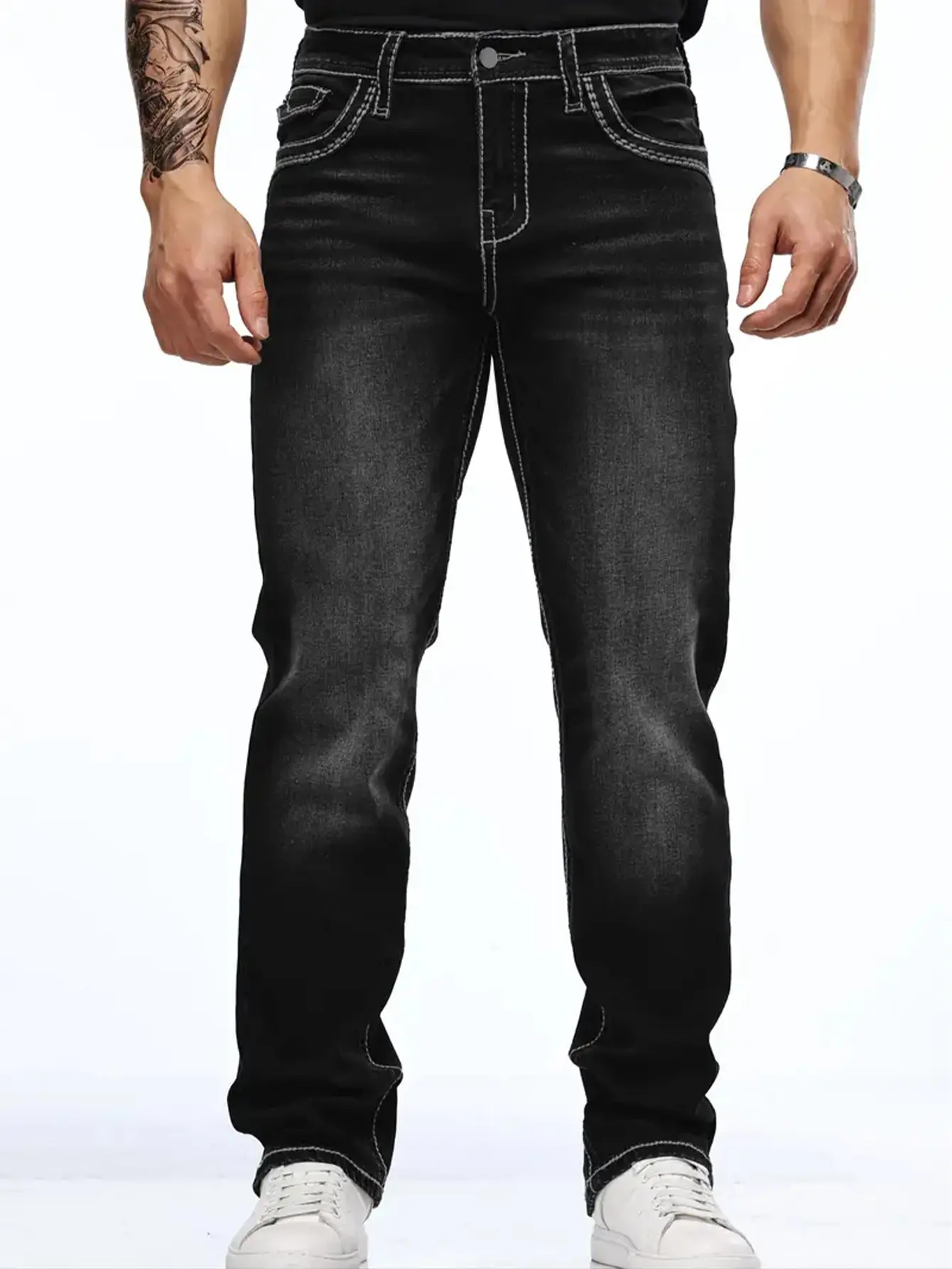 Men’s washed multi-color V-shaped embroidered contrast-stitch straight stretch jeans; Western cowboy retro slim straight street-style casual high-stretch denim pants; distressed slim-fit jeans; premium denim fabric; stretchy, breathable, slimming cut; ver