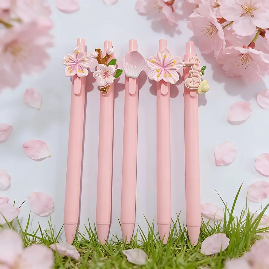 5/10/15pcs Colorful Cherry Blossom Flower Ballpoint Pen, High Aesthetic Student Exam Pen, Aesthetic Pens, Smooth Writing Ink Pen, Festival Gift, Back-To-School Season