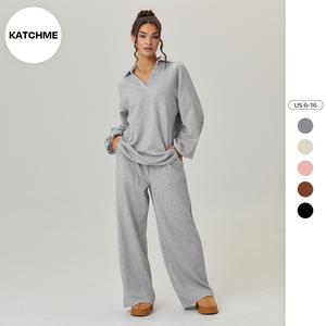 KatchMe Women's Slouchy Solid Color V-Neck Loose Textured Pullover & Drawstring Waist Trousers Co-ord, Minimalist Two Piece Outfits, Soft Womenswear(US)