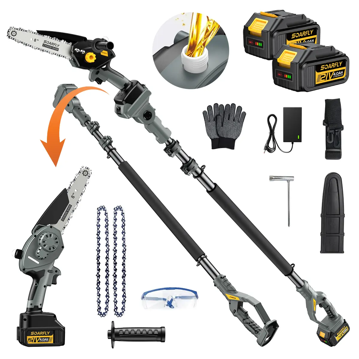 SOARFLY 2 in 1 Cordless Pole Saw & Mini Chainsaw with 2 Batteries, for Tree Trimming Heavy Duty, Portable Chain Saw with 10 FT Extension Pole, Limb Branch Cutter