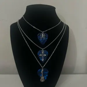 Blue Guitar Pick Necklace W/Cross/Spider/Guitar