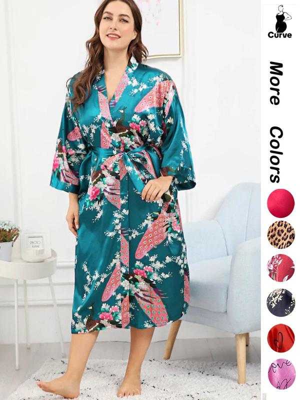 [Plus Size] Halloween Print Belted Wrap Long Sleeve Loose Loungewear Robe, Women Long Sleeves Nightwear, Fall Lady Long Lounge Robe Gowns, Halloween Pajamas, Robes for Women, Floral Print Robe, Wrapped Belted Robe, Casual Soft Bathrobe Womenswear Vneck
