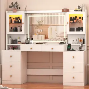62" Large Vanity Desk w/ Tempered Glass Top, 60000-color LED Lights, Power Outlet, Makeup Vanity w/ 3 Lights Mode LED Mirror, 2 RGB Cabinet LED Vanity Table for Women Girls (White/Black)