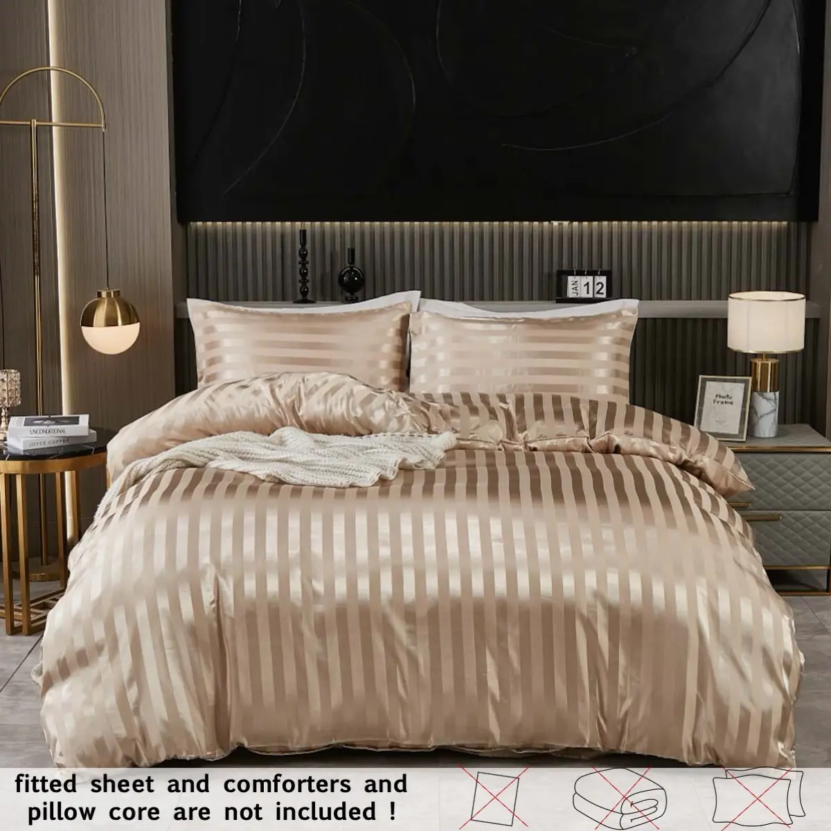 2/3PCS Luxury Satin Stripe Comforter Cover Set, Queen/King Bedding with Pillowcases, Silky Smooth Microfiber Duvet Cover, Fade Resistant & Easy Care for Modern Home Decor