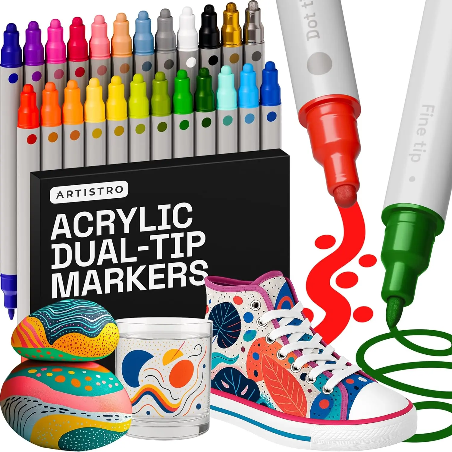 24 Acrylic Paint Markers for Rock, Fabric, Wood, Glass, Craft, Decoration - Dual-Tip Paint Pens - Stocking Stuffers, Christmas Gift Idea for Teens, Grandkids, Kids - Art Supplies