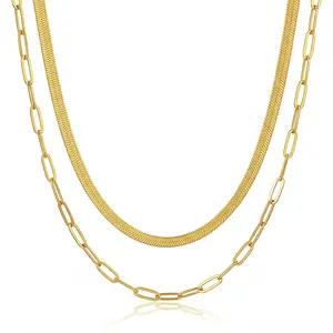 Gold Layered Necklaces for Women, 14K Gold Plated Dainty Gold Chain Choker Necklace Stack, Herringbone Gold Versatile Necklace Set 16-17‘’ Daily Jewelry