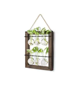 Mkono Propagation Station Wall Hanging Glass Planter, Flower Bulb Vase Plant Terrarium with Retro Wooden Stand Double Layer for Hydroponics Plants Home Garden Office Decor