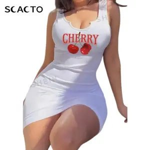 Scacto Cherry Pattern V-Neck Sleeveless Fitted Mini Dress For Women Casual Minimalist Style Summer Knitted Fabric Comfort Elastic