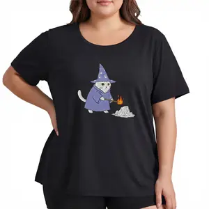 Funny Cat Shirt Women Dark Humor Graphic Tee Unhinged Wizard Cat Casting Fire Magic Spell Quirky Aesthetic Best Friend Gag Gift Oversized Butter Soft Top