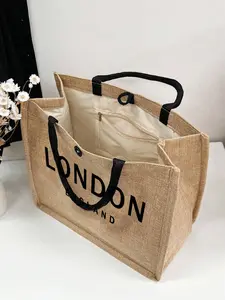 Linseed Handbag Set, London Letter Pattern, Linseed Bag, Perfect Gift for Women, Beach Essential, Summer Travel Bag