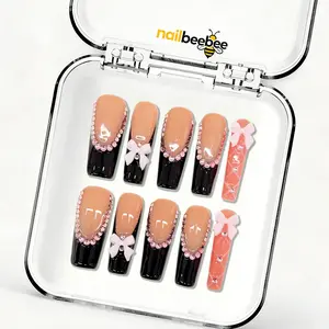 Ballerina Pink Bow Long Gold Snake Cross Mid-Square Rhinestone Fake Nails, Luxury Handmade Reusable Acrylic Nails for Party