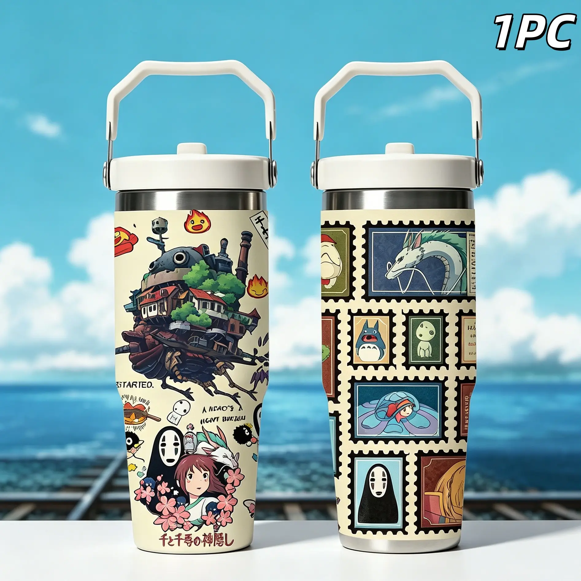 30oz Ghibli Anime Daily Travel Stainless Steel Cup Leakproof With Handle Flasks