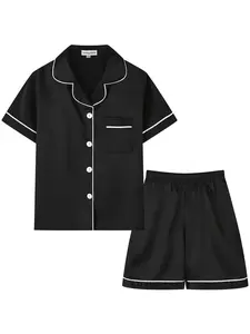 Kids Satin Pajama Set Silk-Like Short Sleeve Sleepwear Buttons Down Pjs Soft Loungewear for Boys Girls