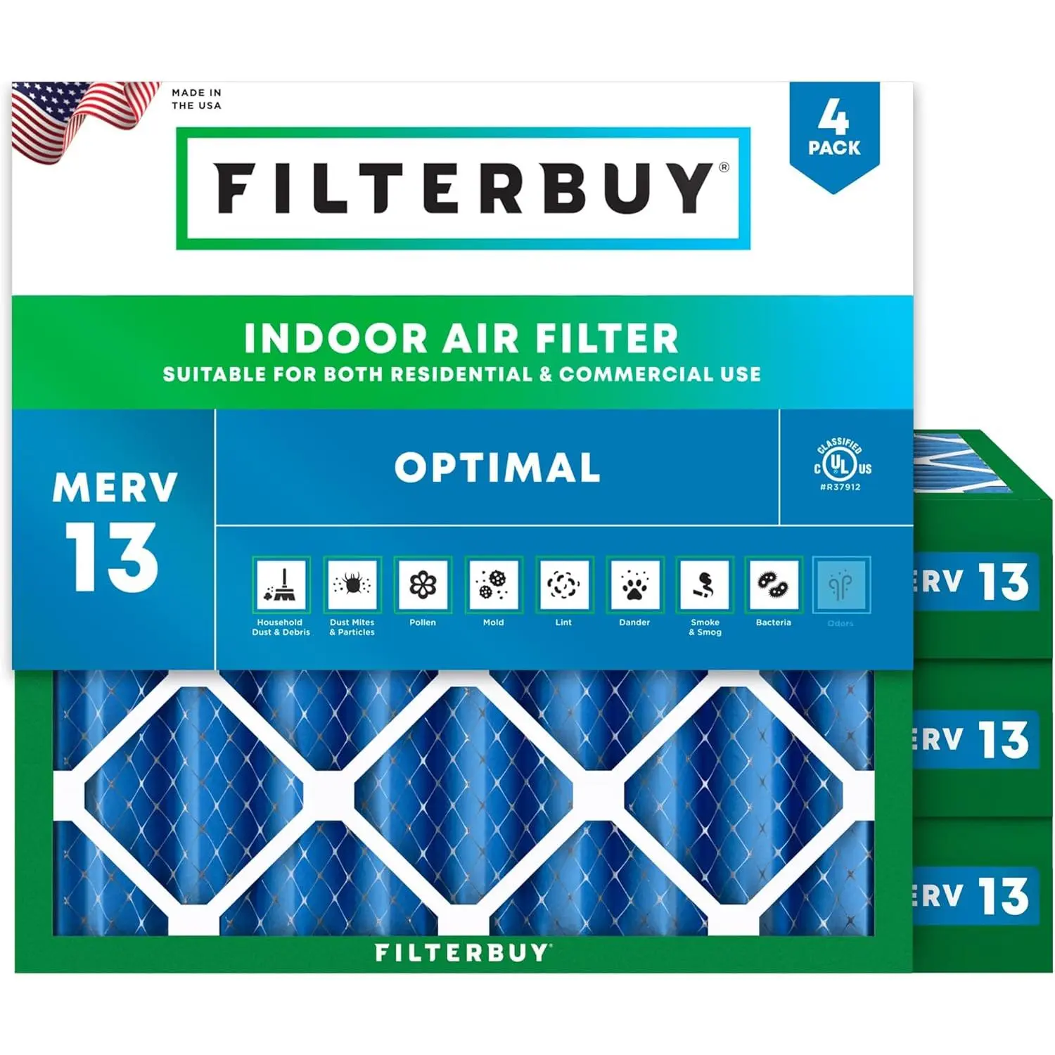 Filterbuy New 10x10x4 In HVAC AC Furnace Air Filter (4-Pack) - Eco-Friendly MERV 13 Optimal Defense Electrostatic Filter, Synthetic Media, 9.5x9.5x3.75 In Actual Size, High Particle Capture, Withstands Moisture, Endures 200°F Temperatures