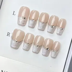 New Standard For Luxury Press On Fake Nails! Nude French Tip Silver Glitter Nail Art Design, Reusable For Lazy Girls, Effortless Elegance