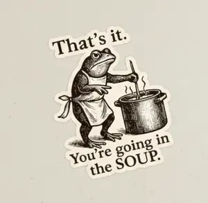 Frog Soup Meme Sticker, Retro Engraving-Style Vinyl Decal, Cute Funny Sticker for Laptops & Journals