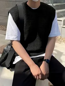 Textured Knit Vest for Men, Summer Thin Loose Lazy Tropical Style, Korean Layering Outerwear Top, Casual Fitted Short Sleeve, Menswear