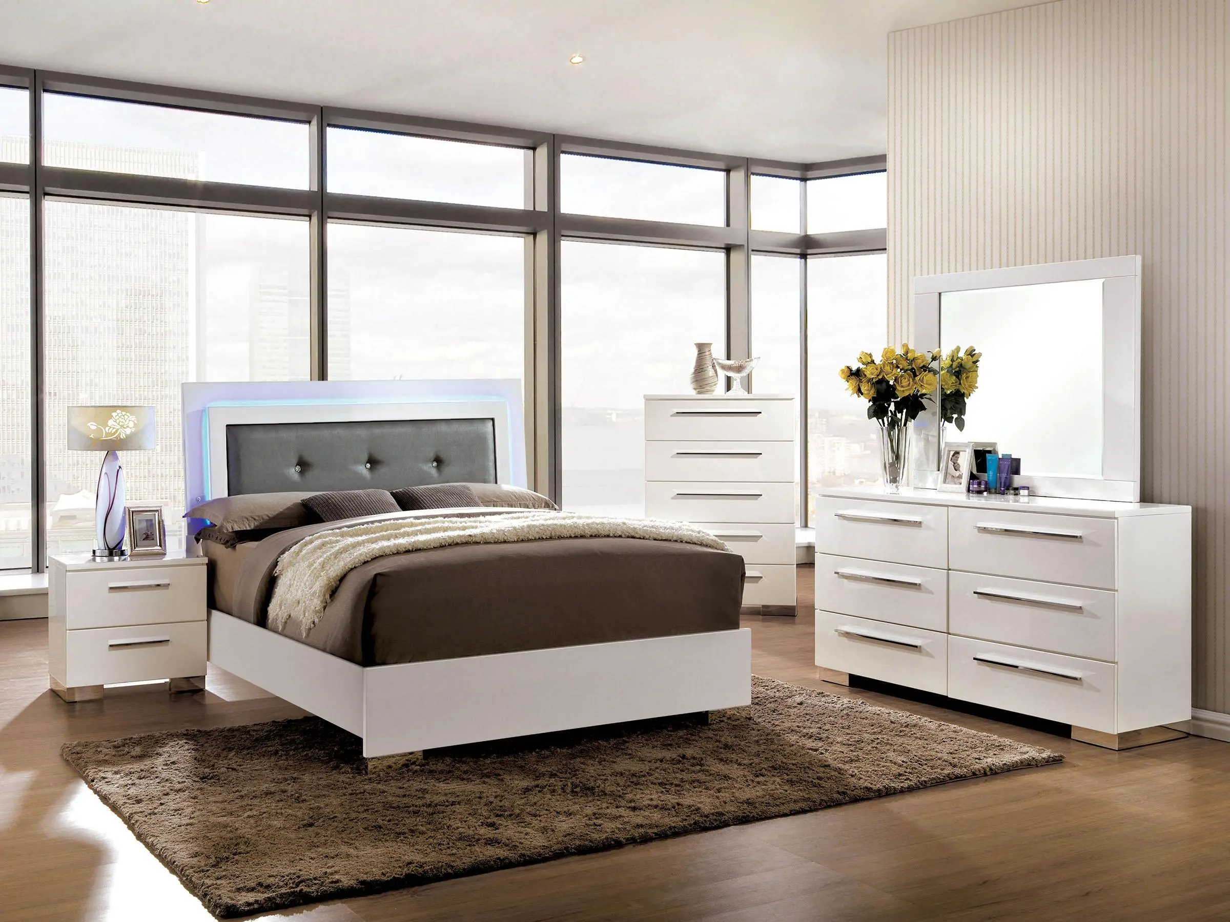 CLEMENTINE Contemporary 4-Piece Bedroom Set with LED Lights Headboard