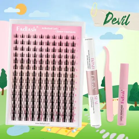 Fadlash Devil DIY Lash Extension Kit - Waterproof C Curl Lashes Clusters with Bond Seal Glue Remover Tweezers for Home Makeup Application Eyelashes Daily Flawless Cosmetic False Eyelash